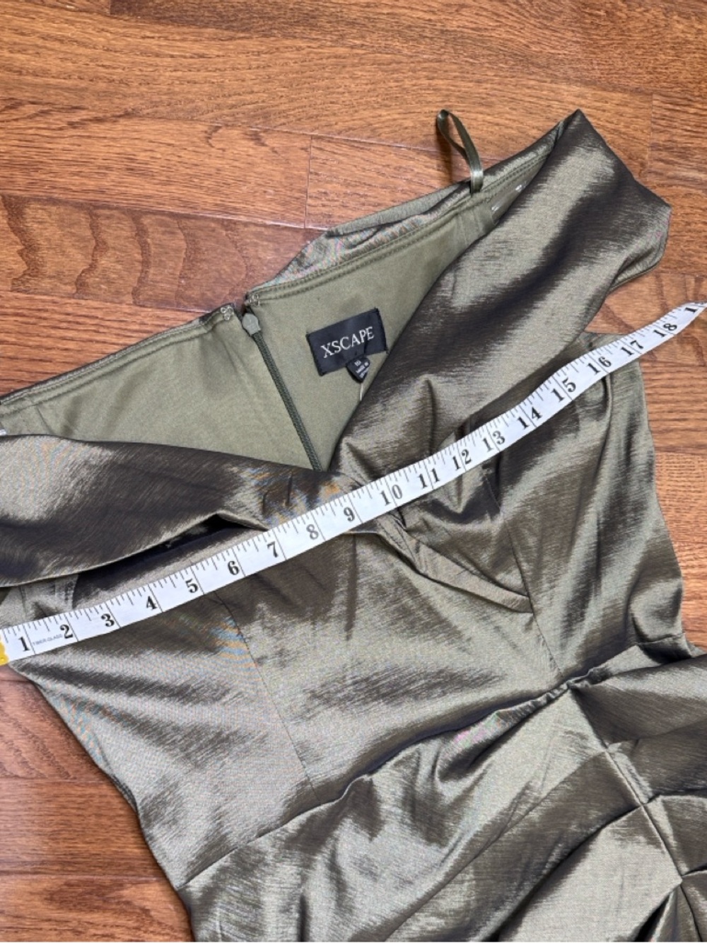 Xscape Olive Green Off-Shoulder Ruffled Satin Gown - Picture 11 of 14